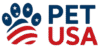 Logo do site PET USA com uma pata estilizada nas cores da bandeira dos Estados Unidos e o nome PET USA em azul e vermelho.